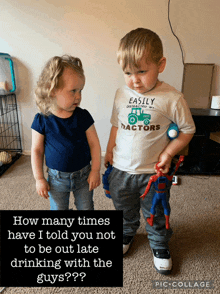 a boy wearing a shirt that says easily on it stands next to a little girl