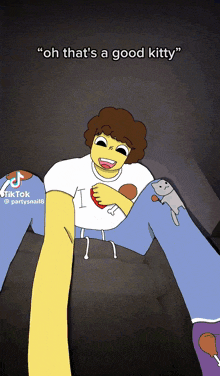 a cartoon of a person laying on a couch with a caption that says " oh that 's a good kitty "