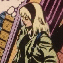 a close up of a cartoon of a woman in a green jacket talking on a cell phone .