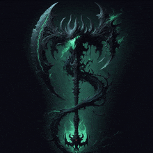 a drawing of a demon with green eyes and a sword on a dark background