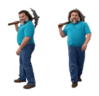 a man with a beard is holding a pickaxe