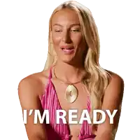 a woman in a pink dress with the words i 'm ready below her