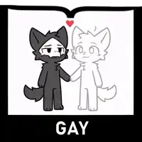 a black and white drawing of a wolf and a white cat holding hands with the word gay below them