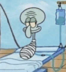 squidward from spongebob squarepants is laying in a hospital bed with a cast on his leg .