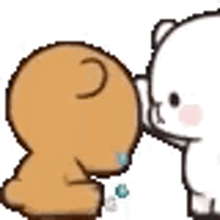 a brown bear and a white cat are hugging each other in a pixel art style .