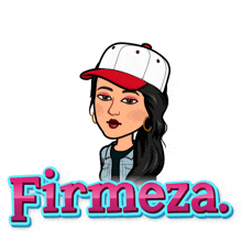 a cartoon of a woman wearing a baseball cap and the word firmeza behind her