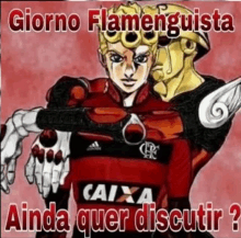 giorno flamengoista is wearing a red and black caixa shirt .