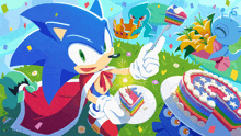 a cartoon of sonic the hedgehog with a rainbow cake in the background