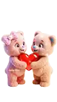a couple of teddy bears holding a red heart with the word love on the bottom