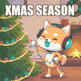 a cartoon of a dog with headphones decorating a christmas tree with the caption xmas season