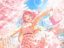 a girl with pink hair is smiling and holding a pink bag