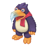 a cartoon penguin with a scarf around his neck and ice in its beak