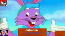 a cartoon of a purple rabbit with the words outmoon world tour on the bottom