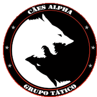 a logo for cães alpha grupo tatico shows two wolves