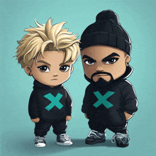 two cartoon characters wearing black hoodies with a blue x