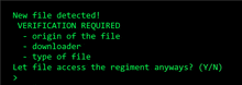 a black screen with green text that reads new file detected