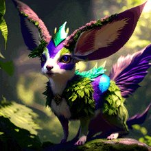 a small creature with purple and green feathers on its head