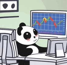 a panda bear sits at a desk with a computer monitor showing a graph