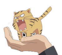 a cartoon cat with its mouth open is being held by a hand