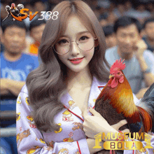 a woman holding a rooster in front of a sv388 logo