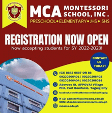 an advertisement for mca montessori school inc. says registration is now open