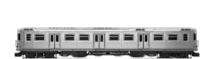 a black and white photo of a model subway train .