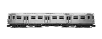 a black and white photo of a model subway train .