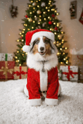 a dog is dressed in a santa suit and hat in front of a christmas tree