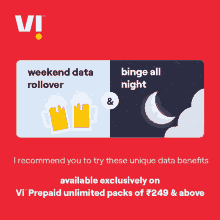 an ad for vi prepaid unlimited packs of 249 and above