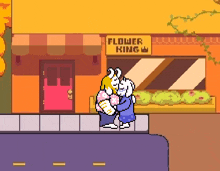 a pixel art of a man and a goat kissing in front of a flower shop .