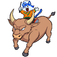 a cat riding on the back of a bull