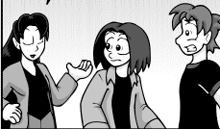 a black and white cartoon of three people standing next to each other