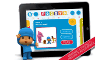 a tablet with pocoyo on the screen