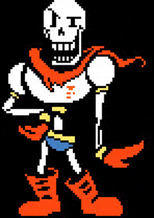 a pixel art of papyrus from undertale wearing a scarf and boots