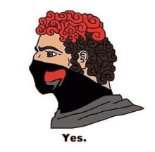 a cartoon of a man with curly hair wearing a mask and a red flag .