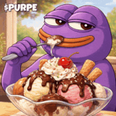 a purple frog is eating a sundae with a cherry on top