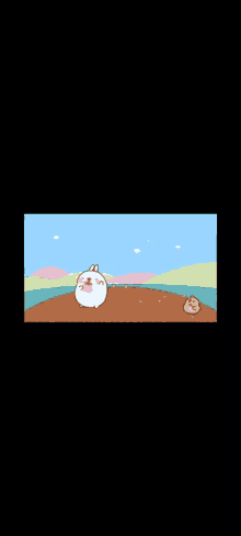 a cartoon of a hamster and a duck on a dirt road