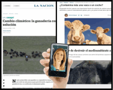 a hand is holding a cell phone in front of a la nacion newspaper article