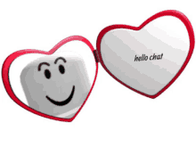 a heart shaped mirror says hello chat and has a smiley face on it