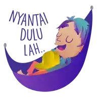 a cartoon of a person laying in a hammock with the words nyantai dulu lah