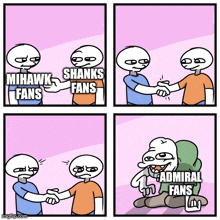 a cartoon of two men shaking hands with the caption " mihawk fans "