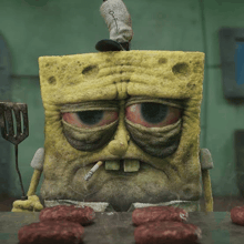 spongebob smoking a cigarette and holding a spatula in his hand
