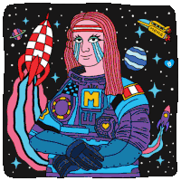 a cartoon drawing of a woman in a space suit with the letter m on her chest