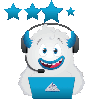 a cartoon yeti wearing headphones and a sticker mountain logo on a laptop