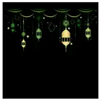 a green background with lanterns and stars hanging from the ceiling .