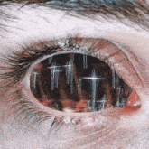 a close up of a person 's eye with a reflection of crosses