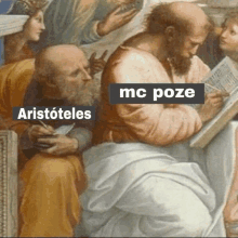 a painting of aristoteles and mc poze with the caption aristoteles mc poze