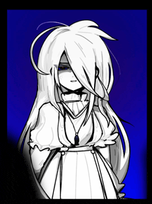 a drawing of a girl with long white hair on a blue background