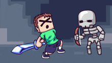 a cartoon of a boy holding a sword and a skeleton holding a sword