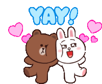 a brown bear and a white rabbit are standing next to each other with hearts around them and the word yay above them